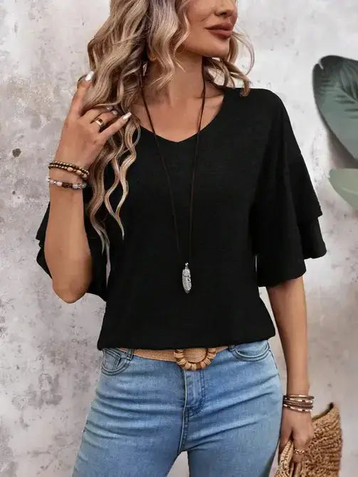 Black V-neck, ruffled T Shirt