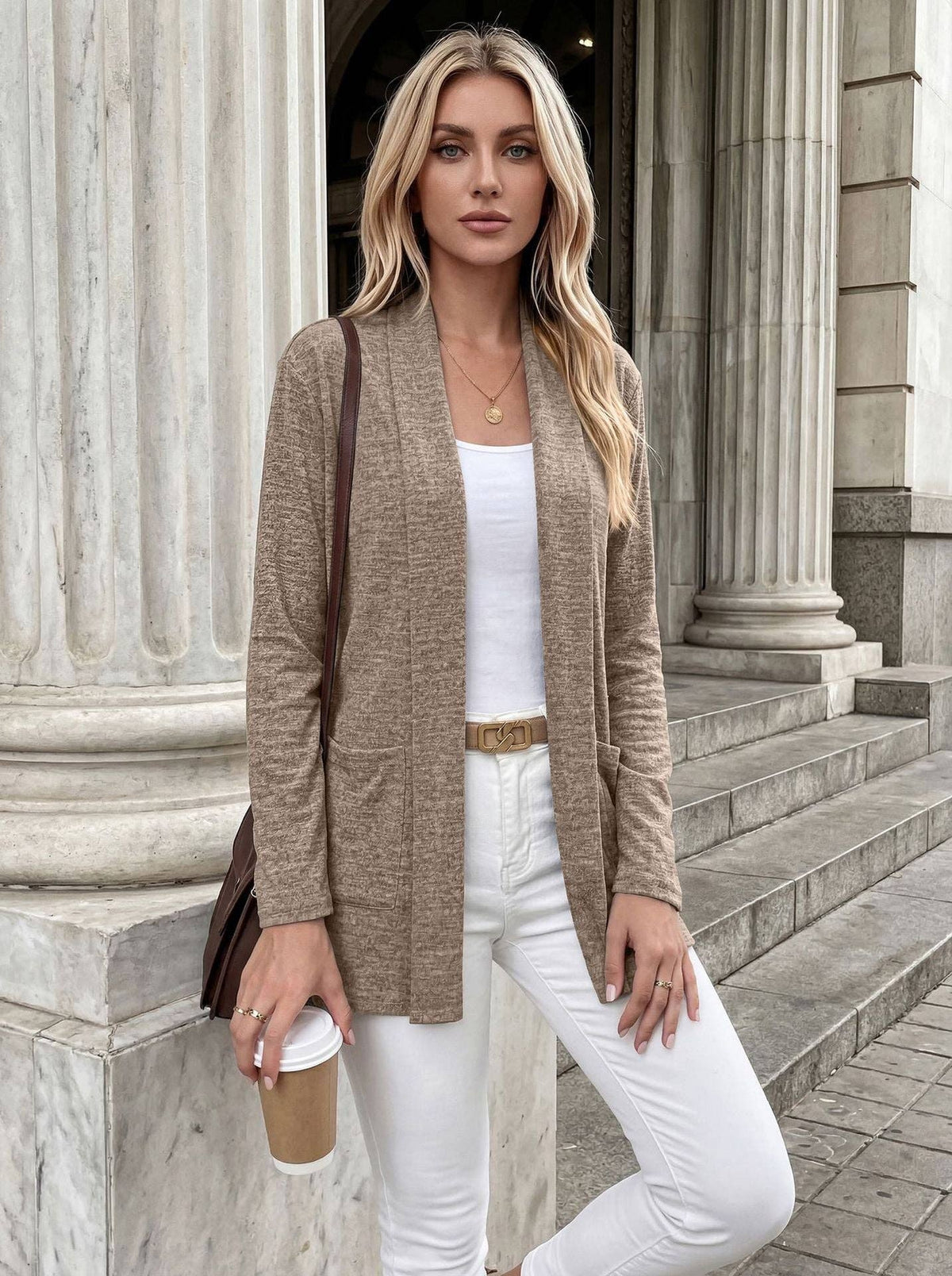Khaki Open Front Pocket Long Sleeve Cardigan