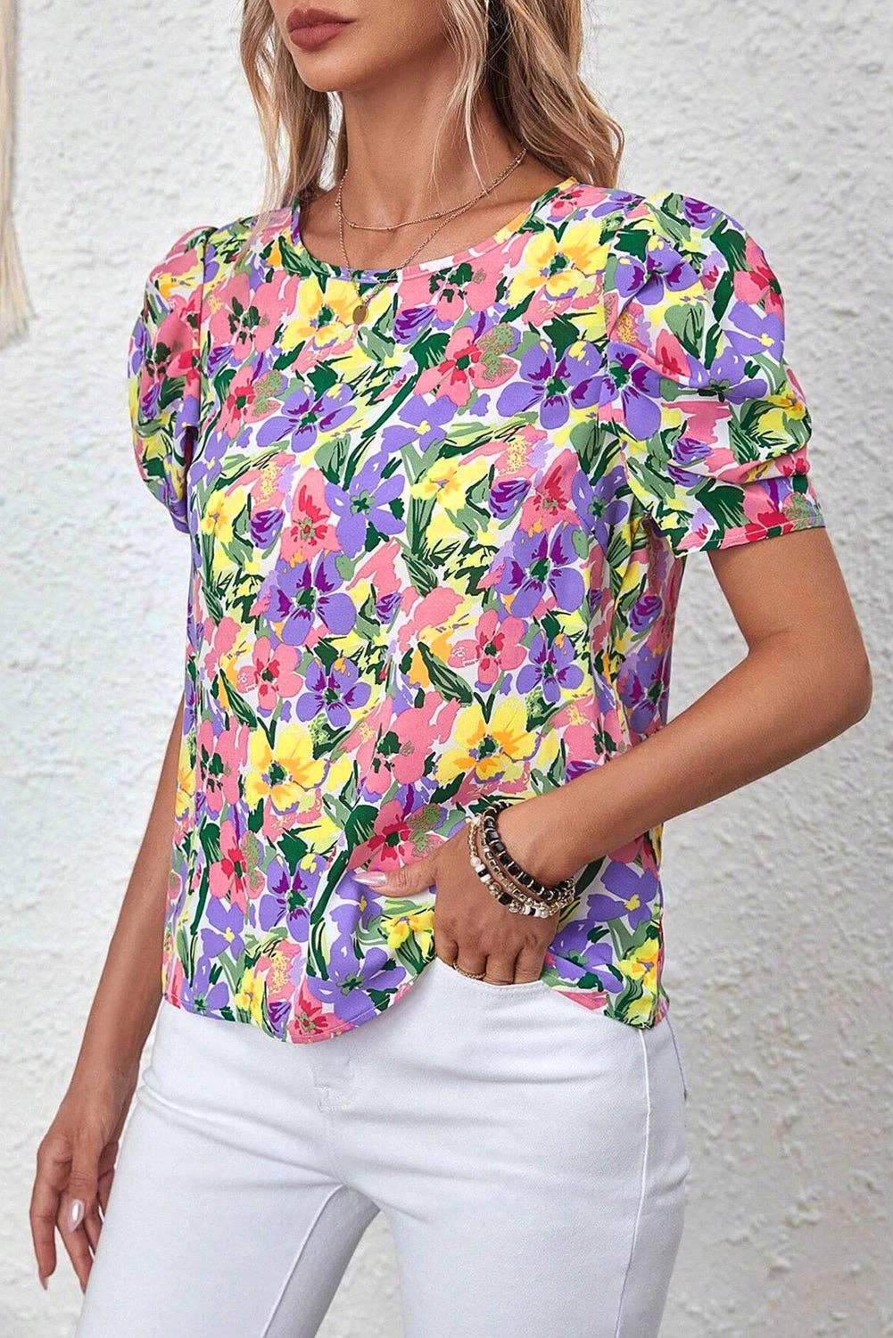 Floral Print Puff Short Sleeve Crew Neck Blouse