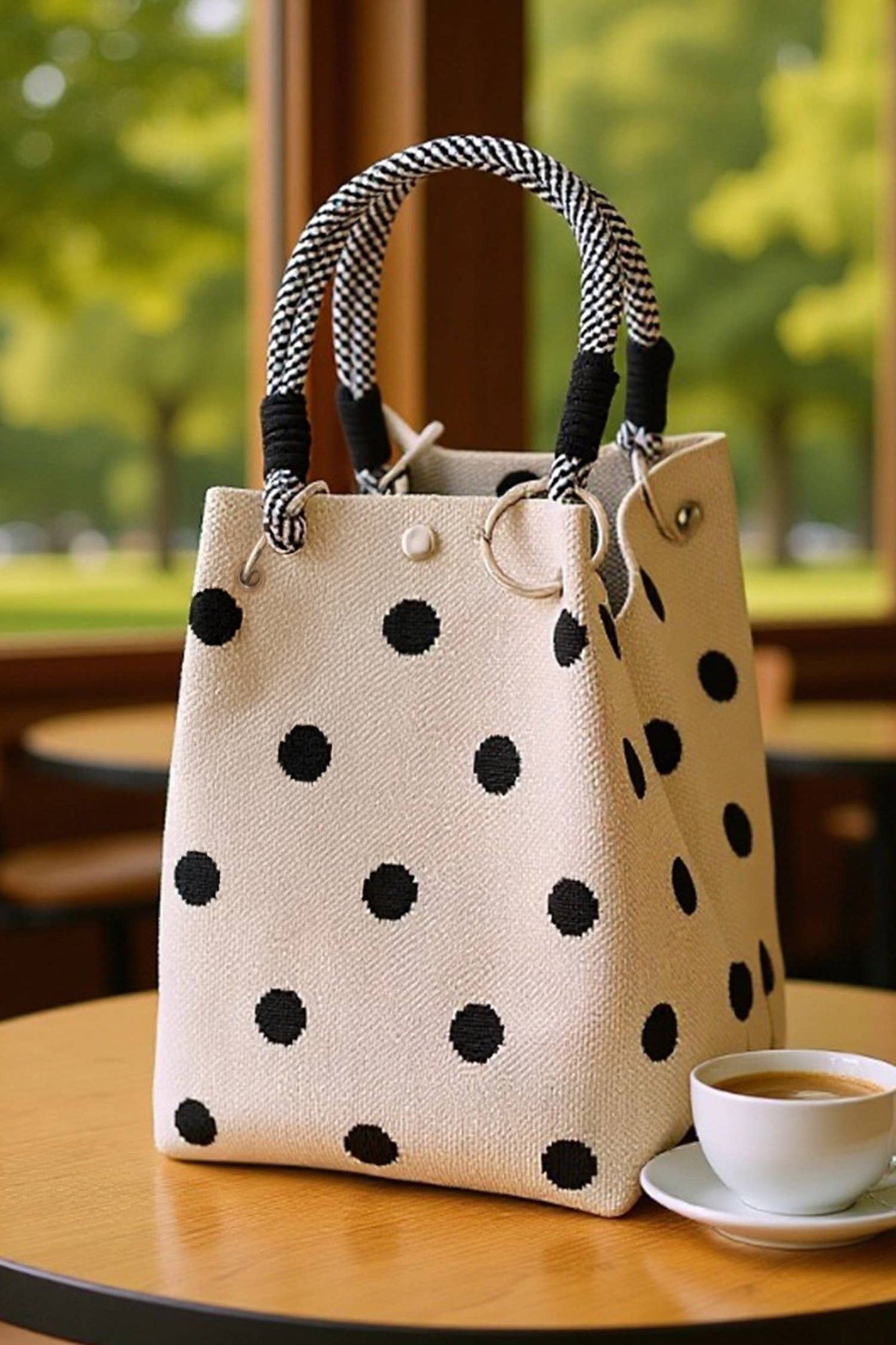 Polka Dot Canvas Tote Bag with Wrapped Handles 9"*9"*6.3": White / ONE SIZE