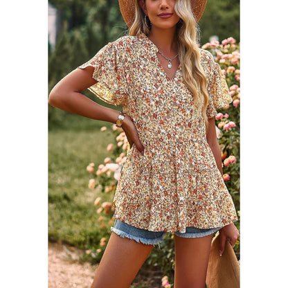 Floral Ruched V Neck Ruffle Short Sleeve Blouse