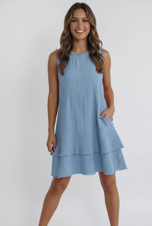 ROUND NECK COTTON DRESS WITH SIDE POCKETS