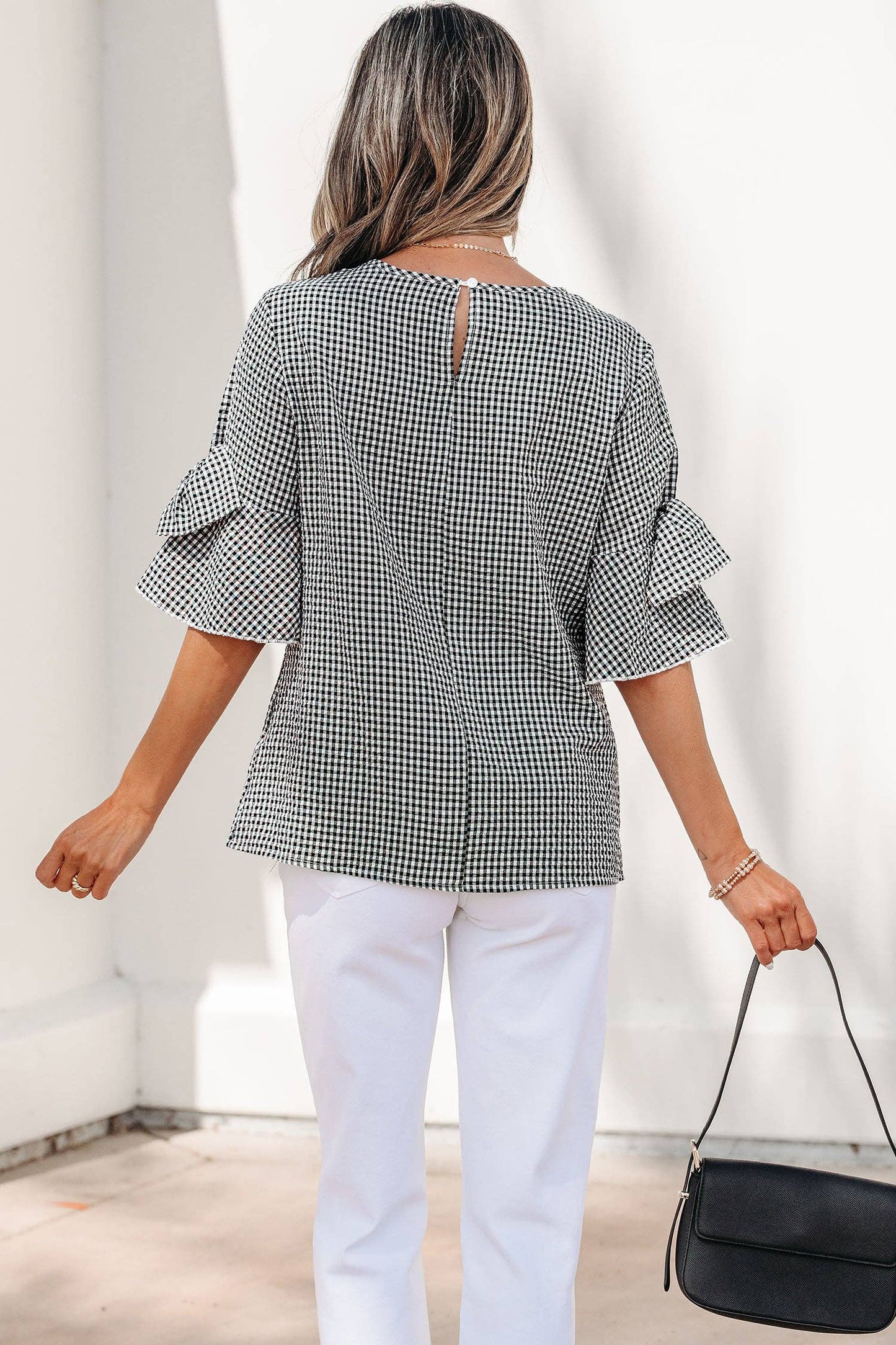 Black Plaid Bow Ruffled Half Sleeve Blouse