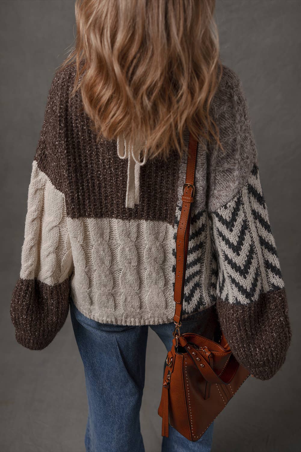 Color Block Patchwork Knotted Back Loose Fit Sweater