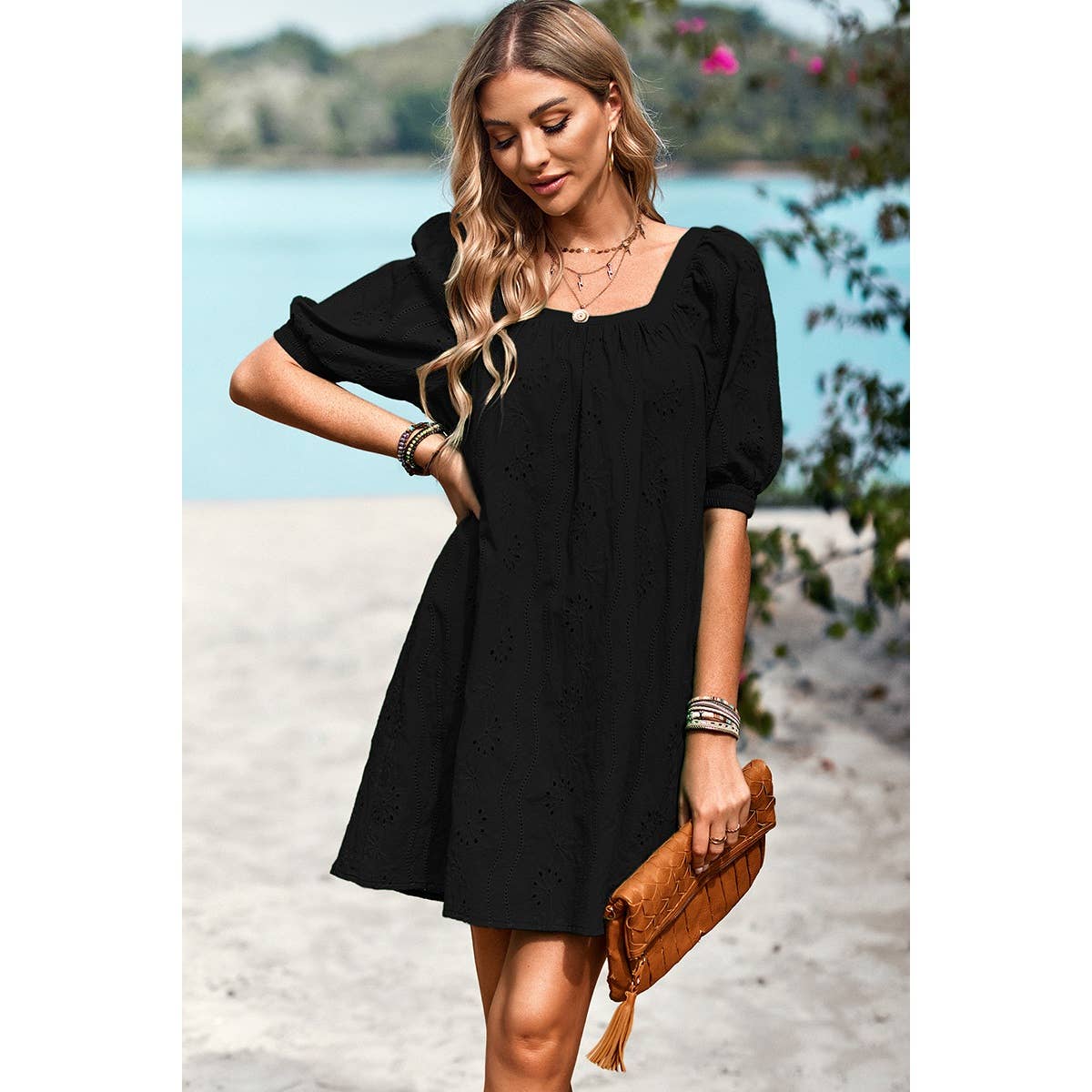 Square Neck Short Bubble Sleeve Babydoll Dress
