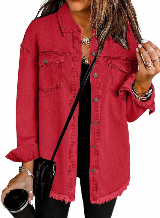 Women's Oversized Frayed Hem Shirt Jacket