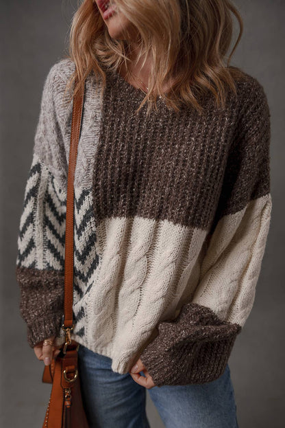 Color Block Patchwork Knotted Back Loose Fit Sweater