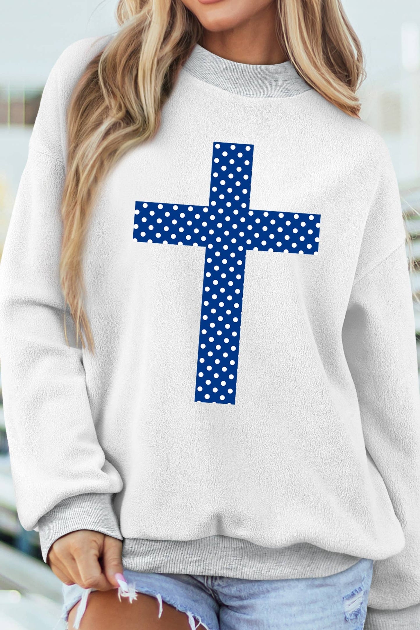 Polka Dot FAITH Print Mock Neck Sweatshirt