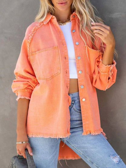 Raw edge denim shirt jacket