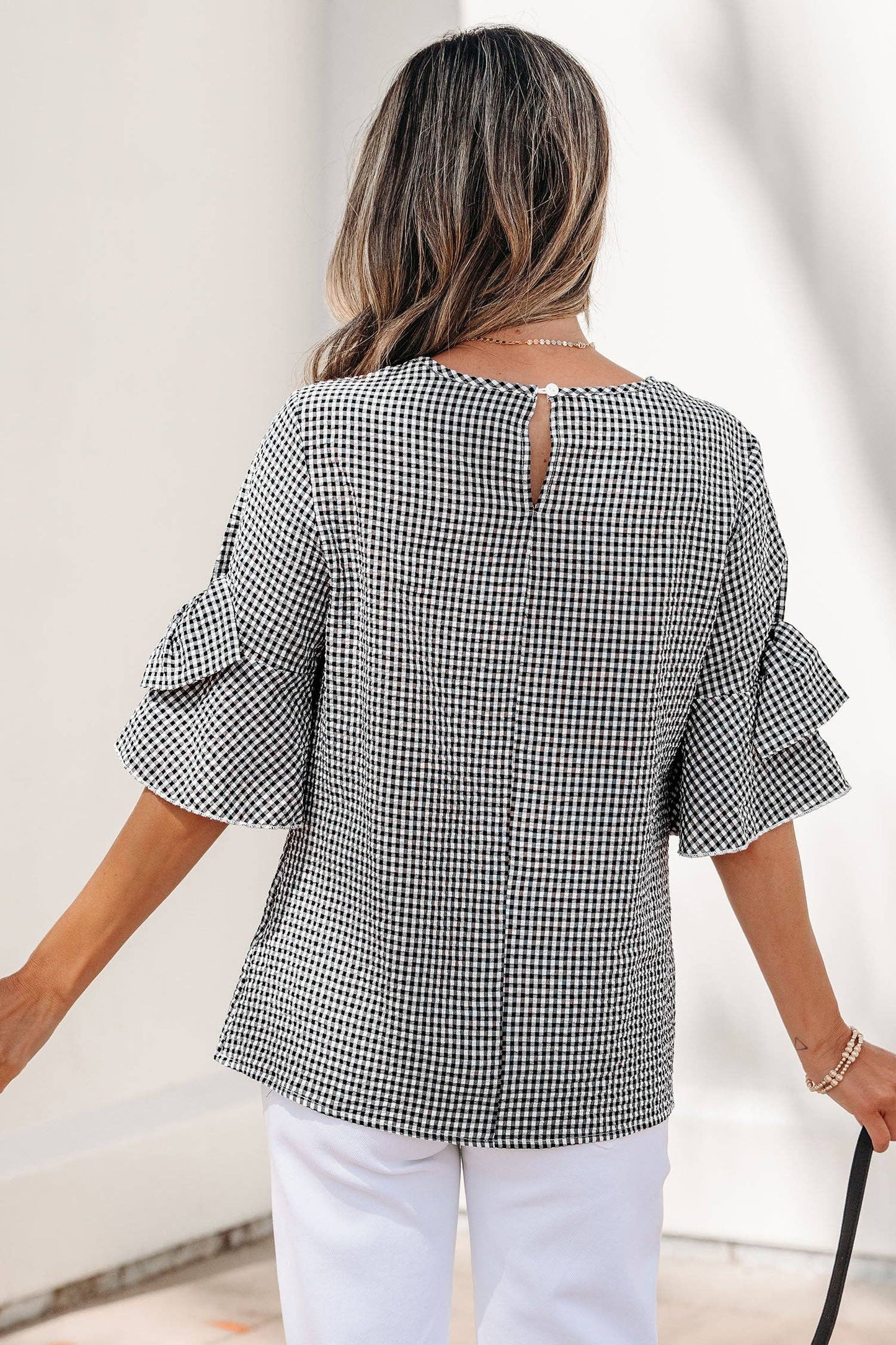 Black Plaid Bow Ruffled Half Sleeve Blouse