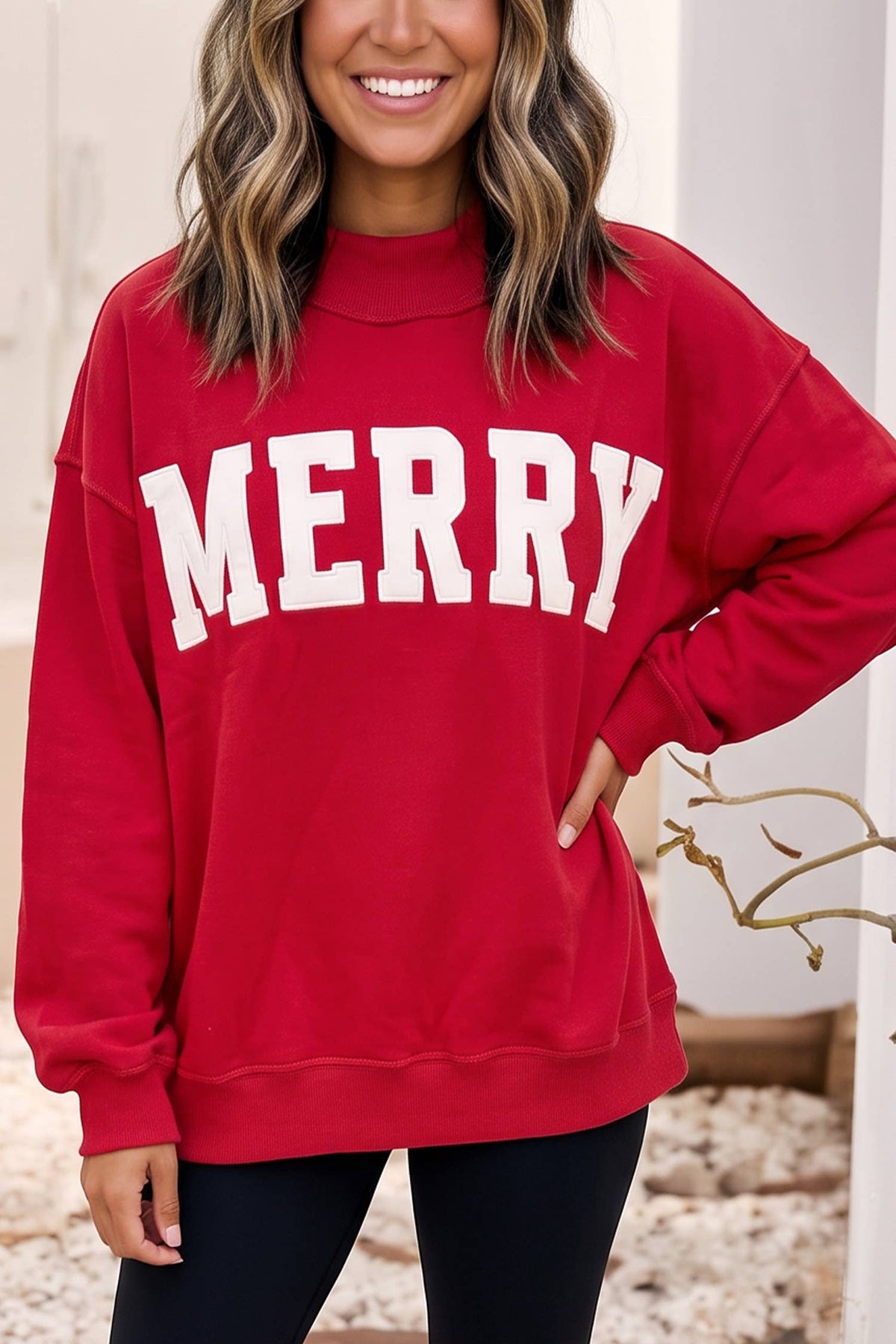 Embroidered Merry Mock Neck Sweatshirt