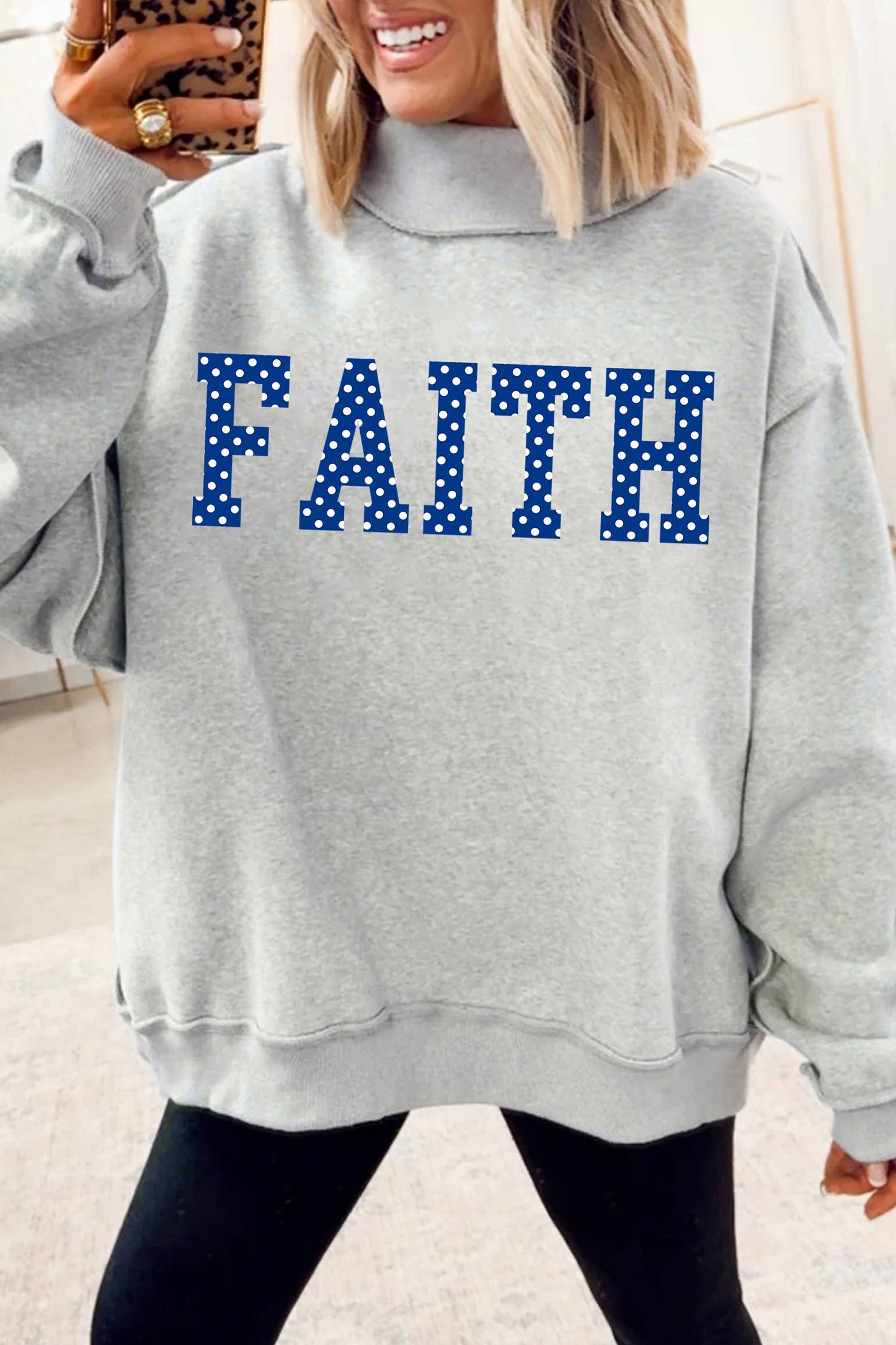 Polka Dot FAITH Print Mock Neck Sweatshirt