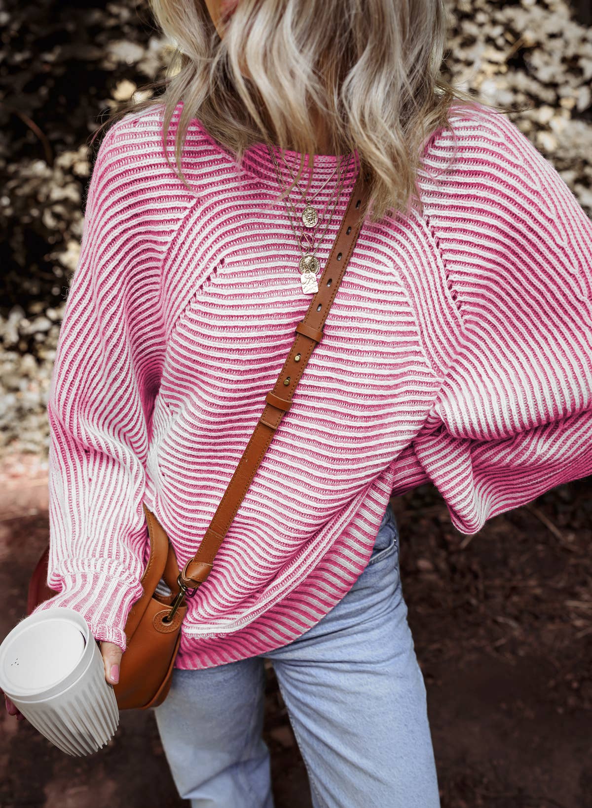 Striped Ribbed Knit Boat Neck Baggy Sweater