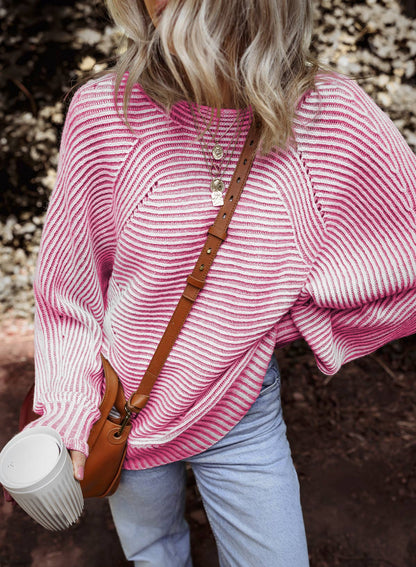 Striped Ribbed Knit Boat Neck Baggy Sweater