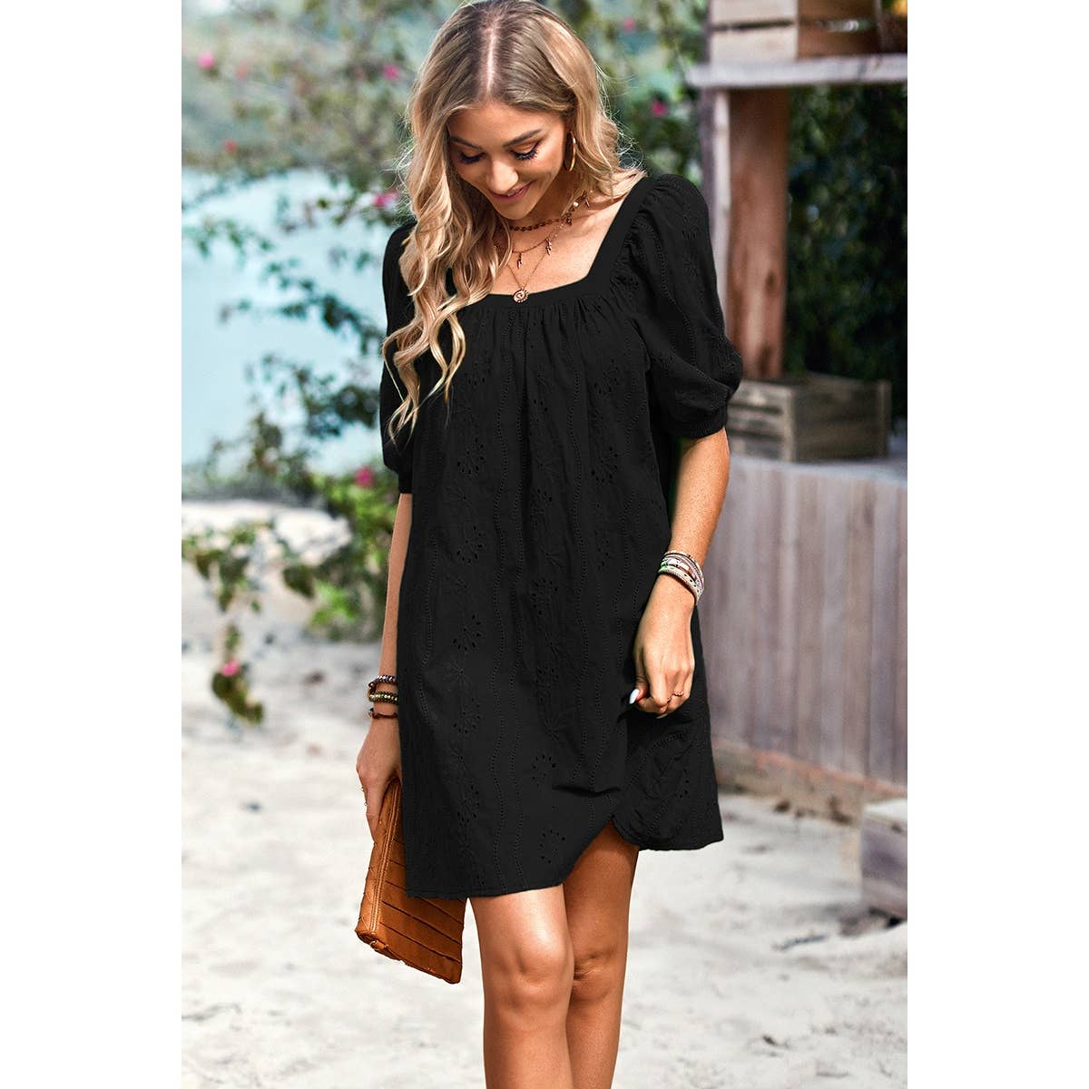 Square Neck Short Bubble Sleeve Babydoll Dress