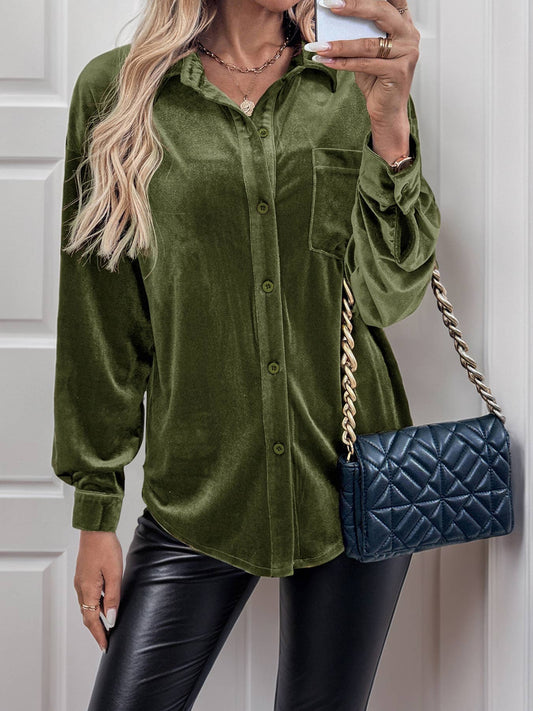 Velvet Button Down Top: Green