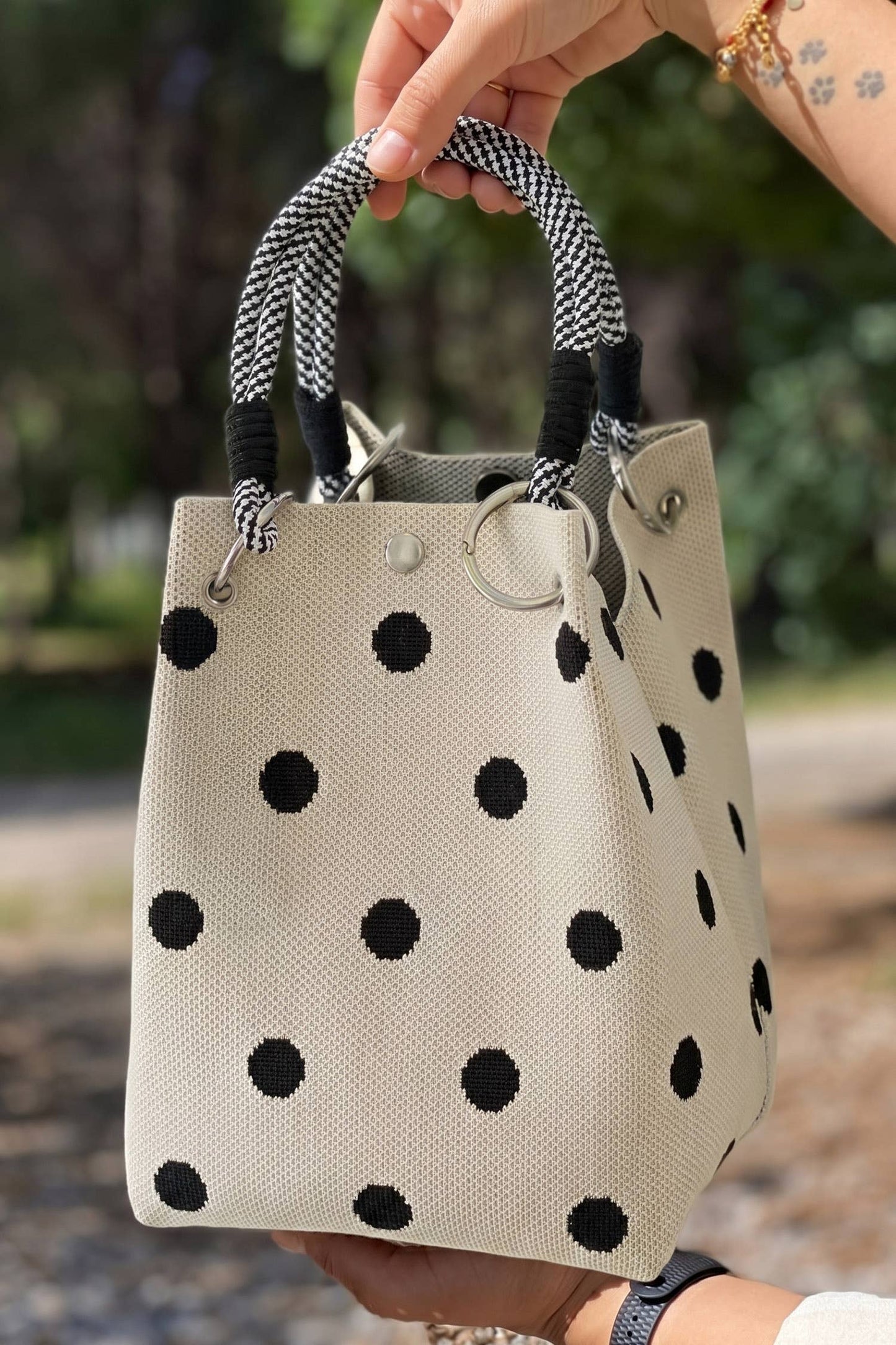 Polka Dot Canvas Tote Bag with Wrapped Handles 9"*9"*6.3": White / ONE SIZE