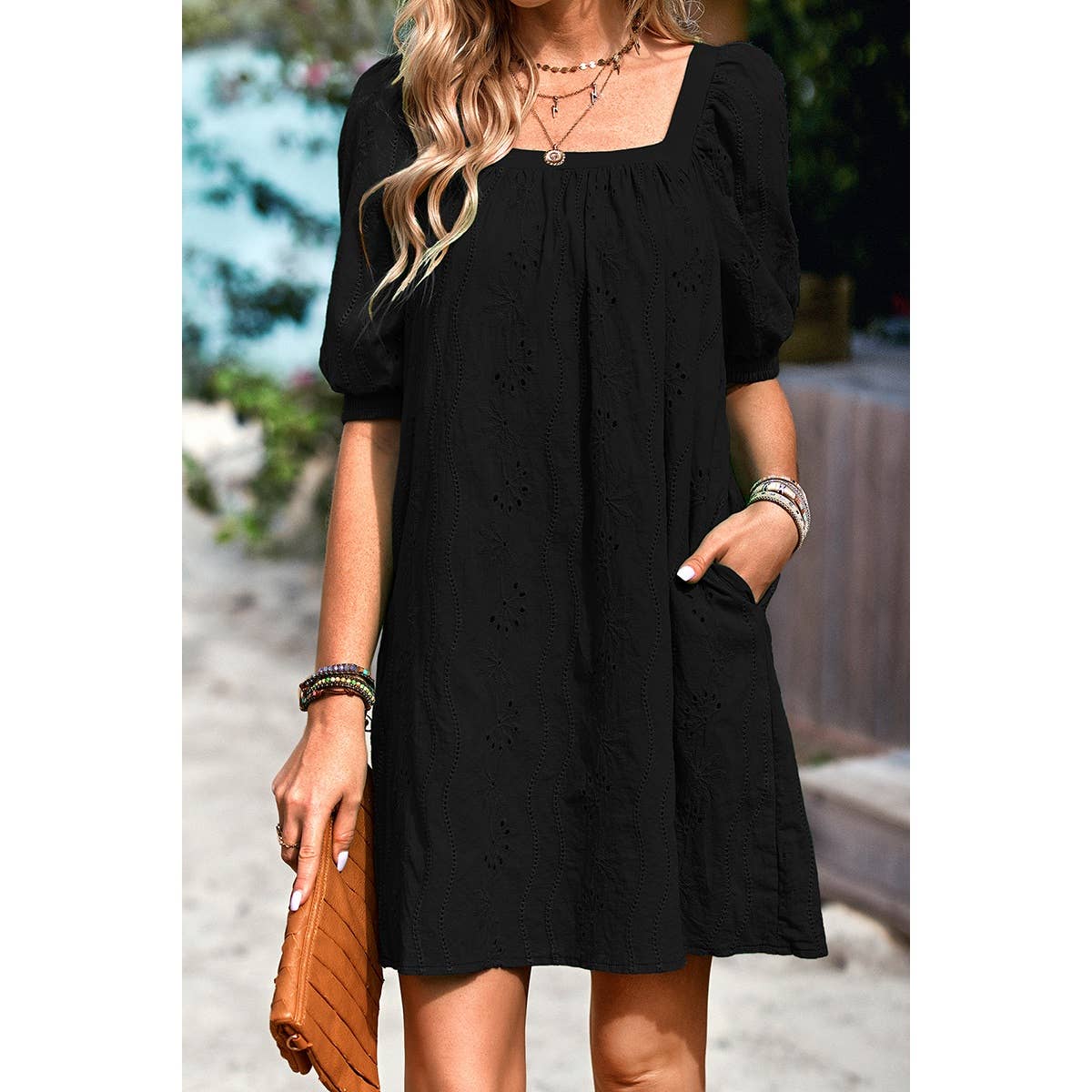 Square Neck Short Bubble Sleeve Babydoll Dress