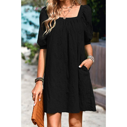 Square Neck Short Bubble Sleeve Babydoll Dress
