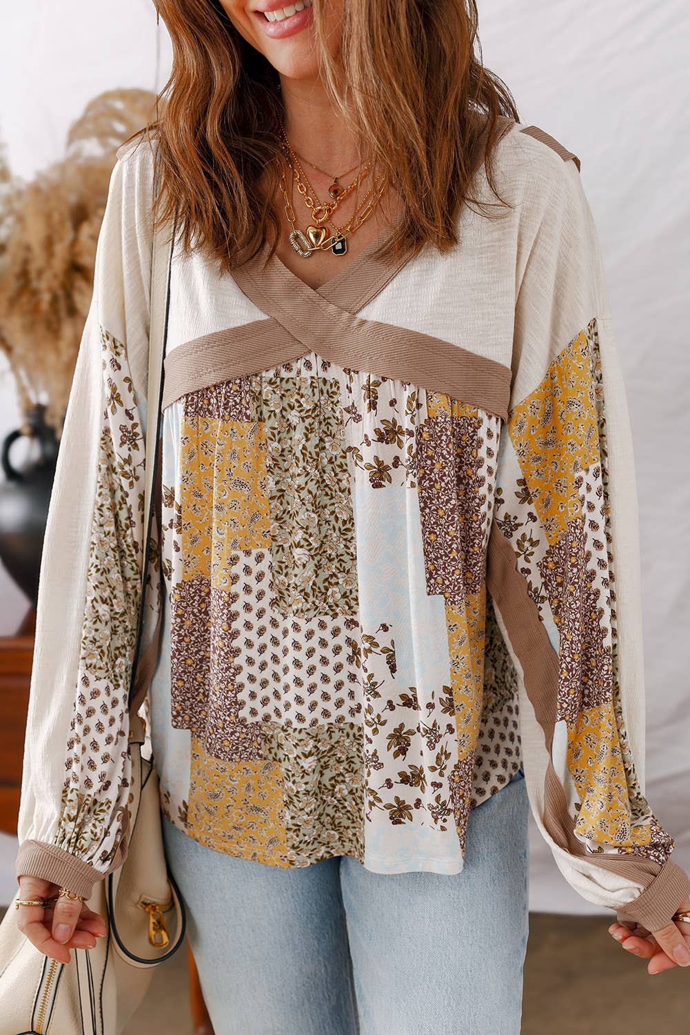 Floral Printed Contrast Patchwork Long Sleeve Top