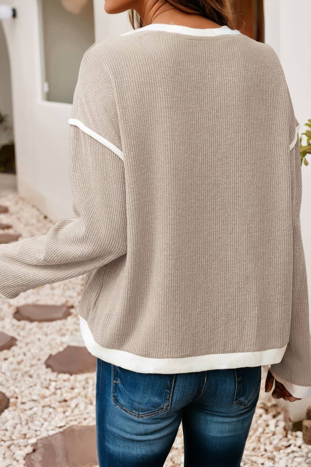 Contrast Color Trim Drop Shoulder Loose Top