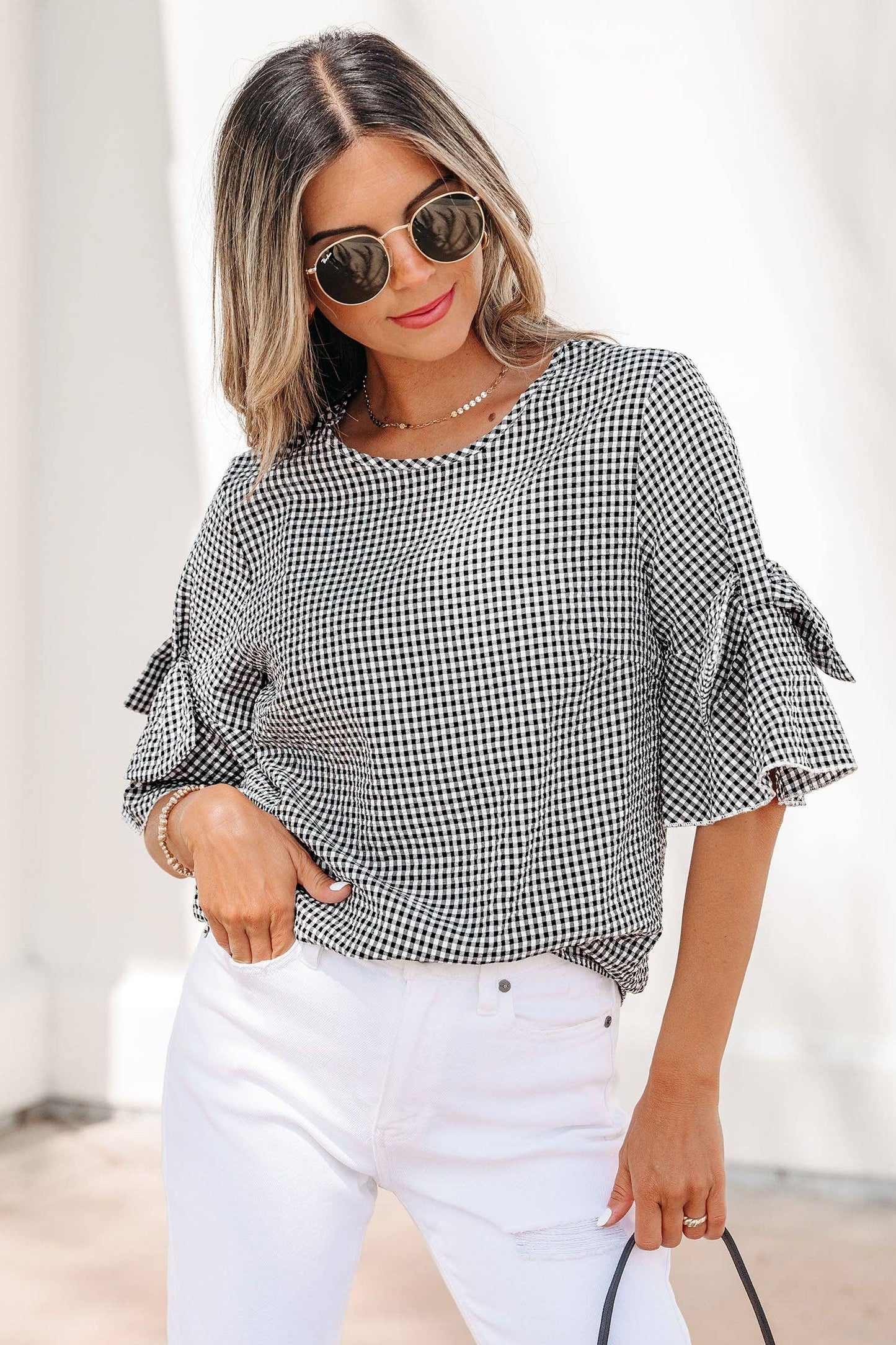 Black Plaid Bow Ruffled Half Sleeve Blouse