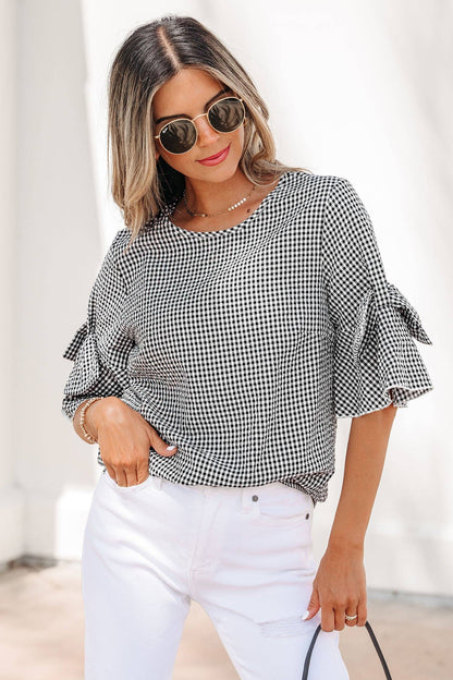 Black Plaid Bow Ruffled Half Sleeve Blouse
