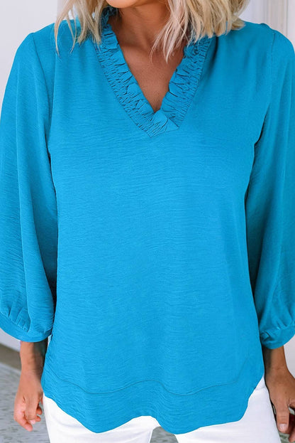 Frilled V Neckline Bracelet Sleeve Crinkled Blouse