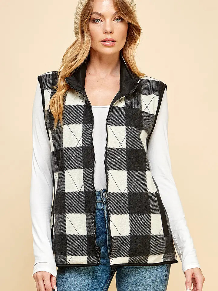 Reversible Plaid Zip Up Pocket Vest