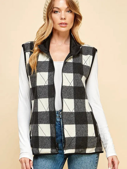 Reversible Plaid Zip Up Pocket Vest