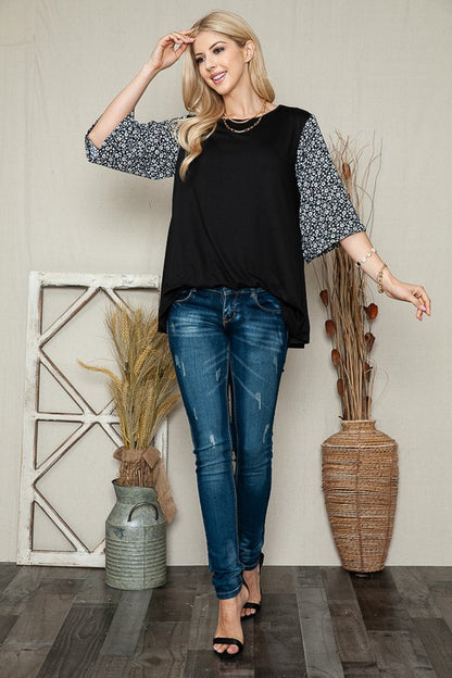 OVERSIZED TUNIC TOP WITH DITSY FLORAL SLEEVES