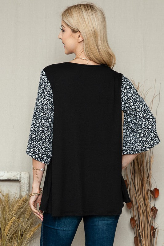 OVERSIZED TUNIC TOP WITH DITSY FLORAL SLEEVES