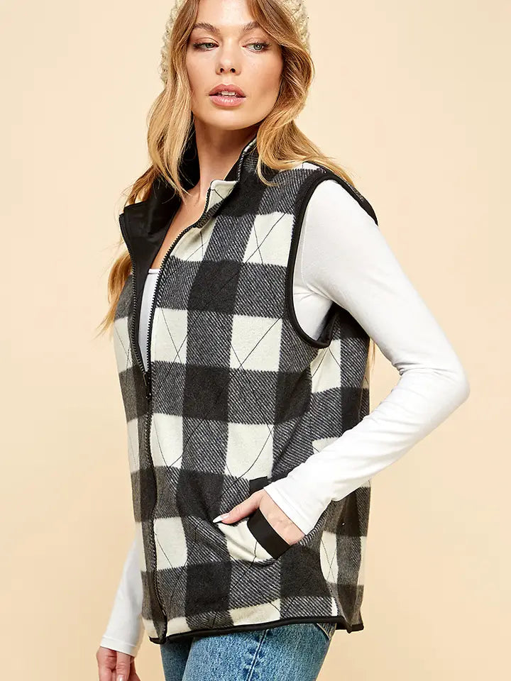 Reversible Plaid Zip Up Pocket Vest