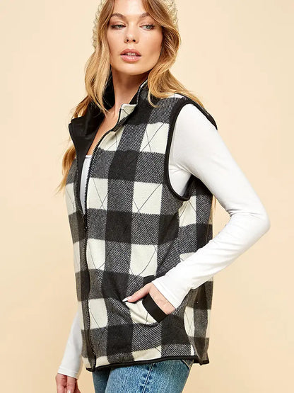 Reversible Plaid Zip Up Pocket Vest