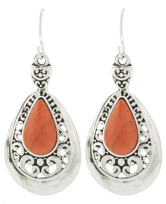 Coral Stone Filigree Earrings