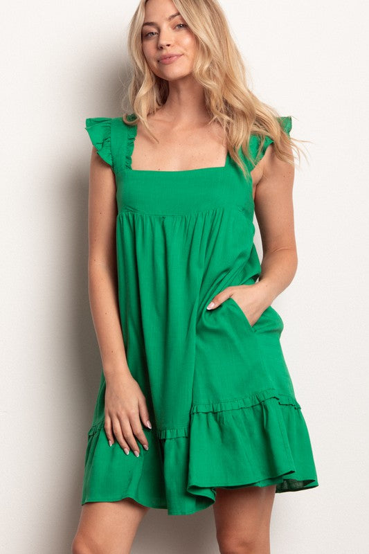 Ruffled Solid Linen Backless Mini Dress