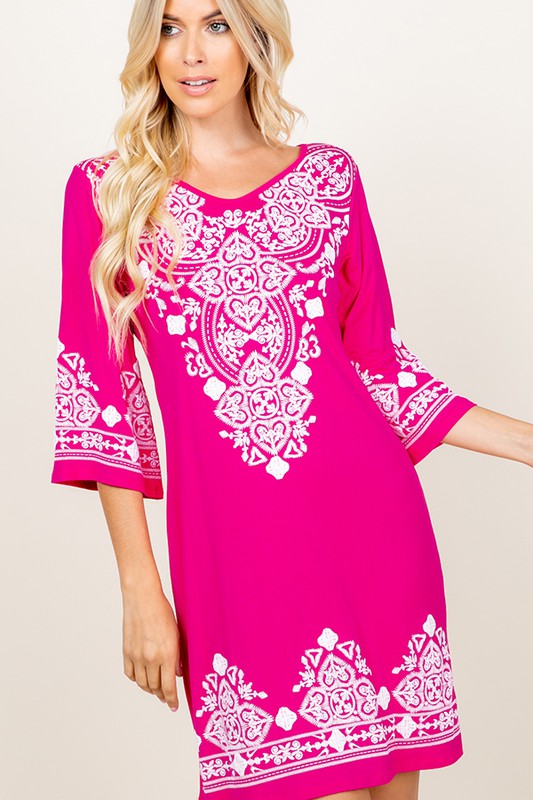 Damask Print Dress -Pink