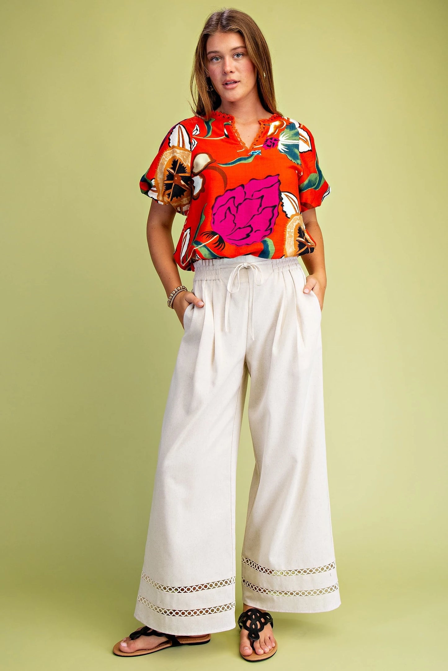 GIGIO Linen Relaxed Fit Pants with Decorative Trim Details