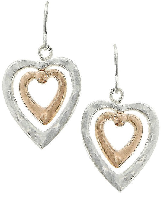 Layered Double Heart Hammered Metal Dangle Earrings
