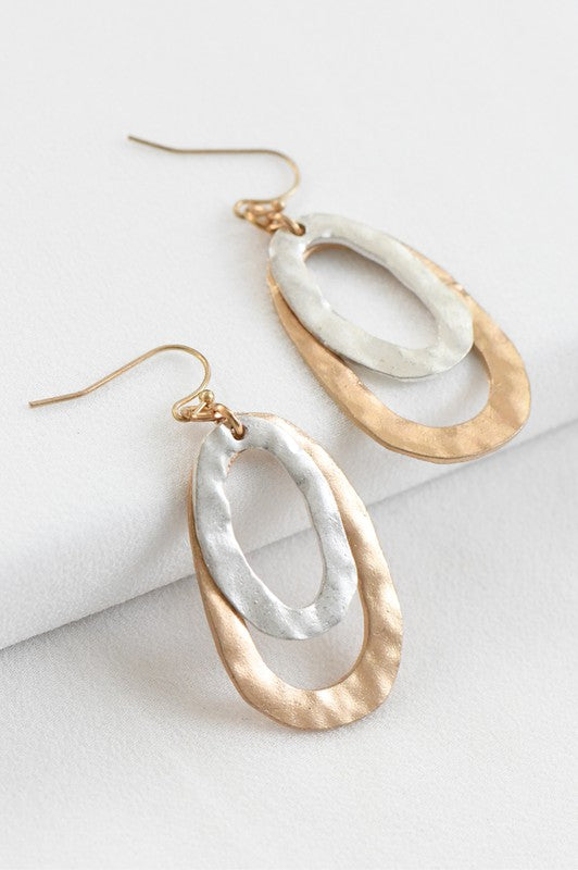 Hammered gold and silver dangle earrings