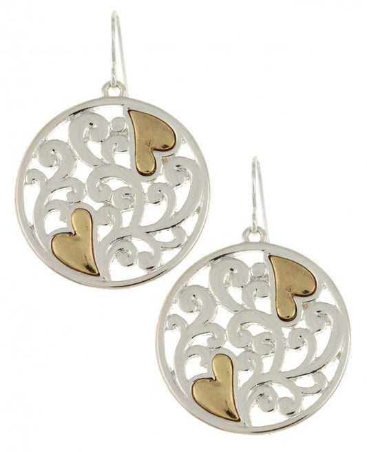 Heart Silver Filigree Cutout Round Dangle Earrings