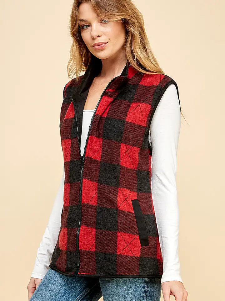 Reversible Plaid Zip Up Pocket Vest