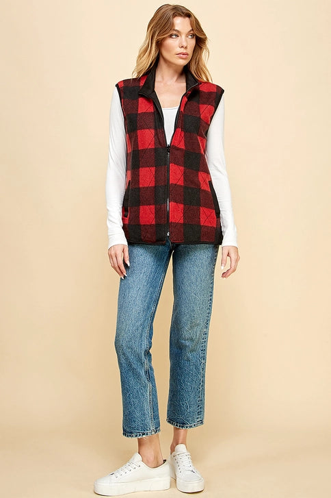 Reversible Plaid Zip Up Pocket Vest