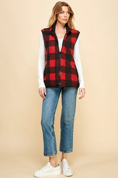 Reversible Plaid Zip Up Pocket Vest