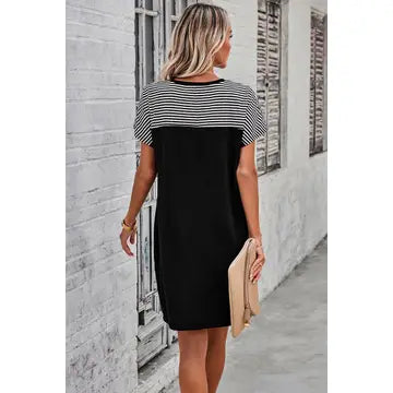 Striped Round Neck Loose Fit Midi Dress