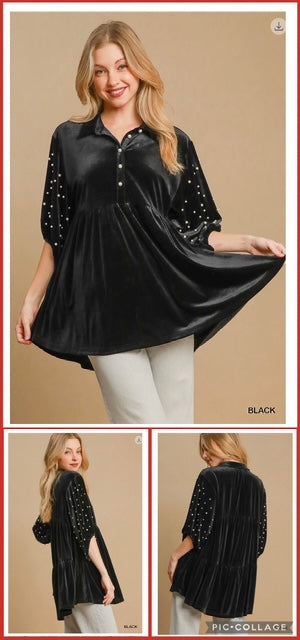 Umgee Velvet Top with Pearled Sleeves