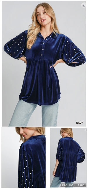 Umgee Velvet Top with Pearled Sleeves