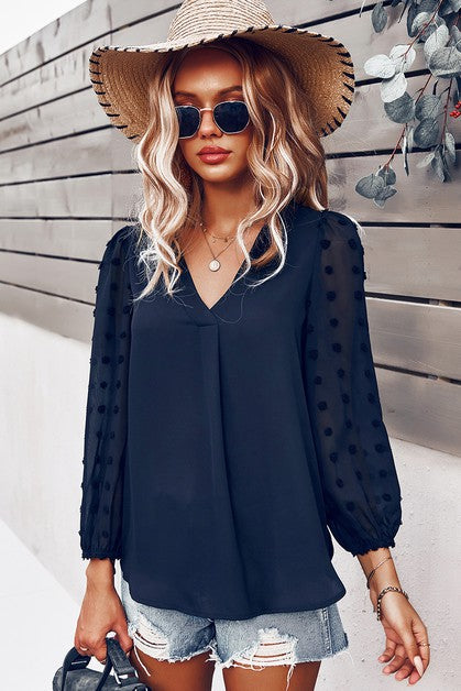 V-Neck Solid Long Sleeve Top with Sheer Dot Sleeves