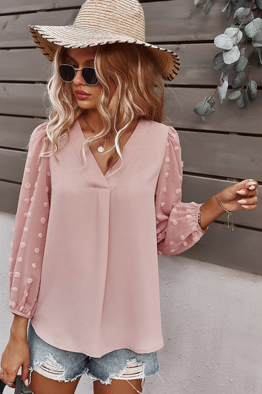 V-Neck Solid Long Sleeve Top with Sheer Dot Sleeves