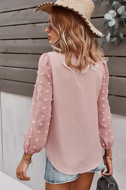 V-Neck Solid Long Sleeve Top with Sheer Dot Sleeves